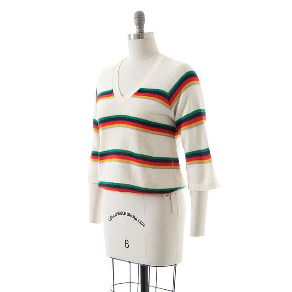 Vintage 1970s Sweater 70s Rainbow Striped Cream Knit Retro Pullover Top - Picture 3 of 9